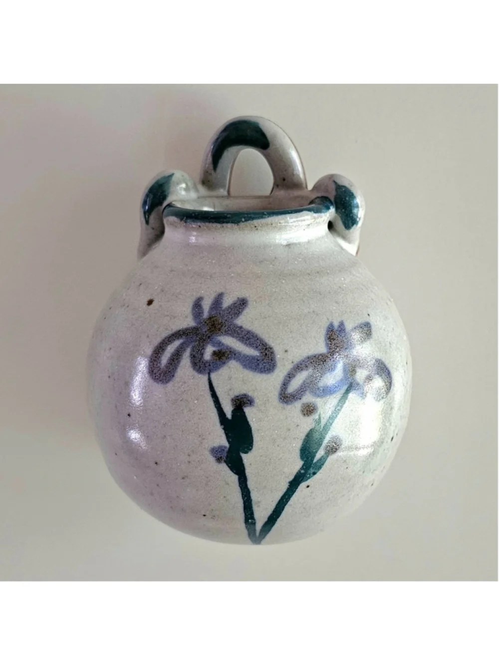 Vintage Studio Pottery Stoneware Wall Pocket Vase Blue Floral Hand Painted 3.5